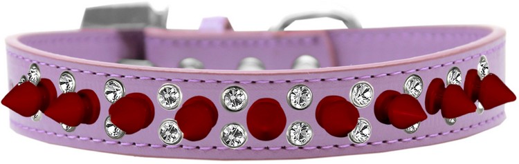 Double Crystal and Red Spikes Dog Collar Lavender Size 16